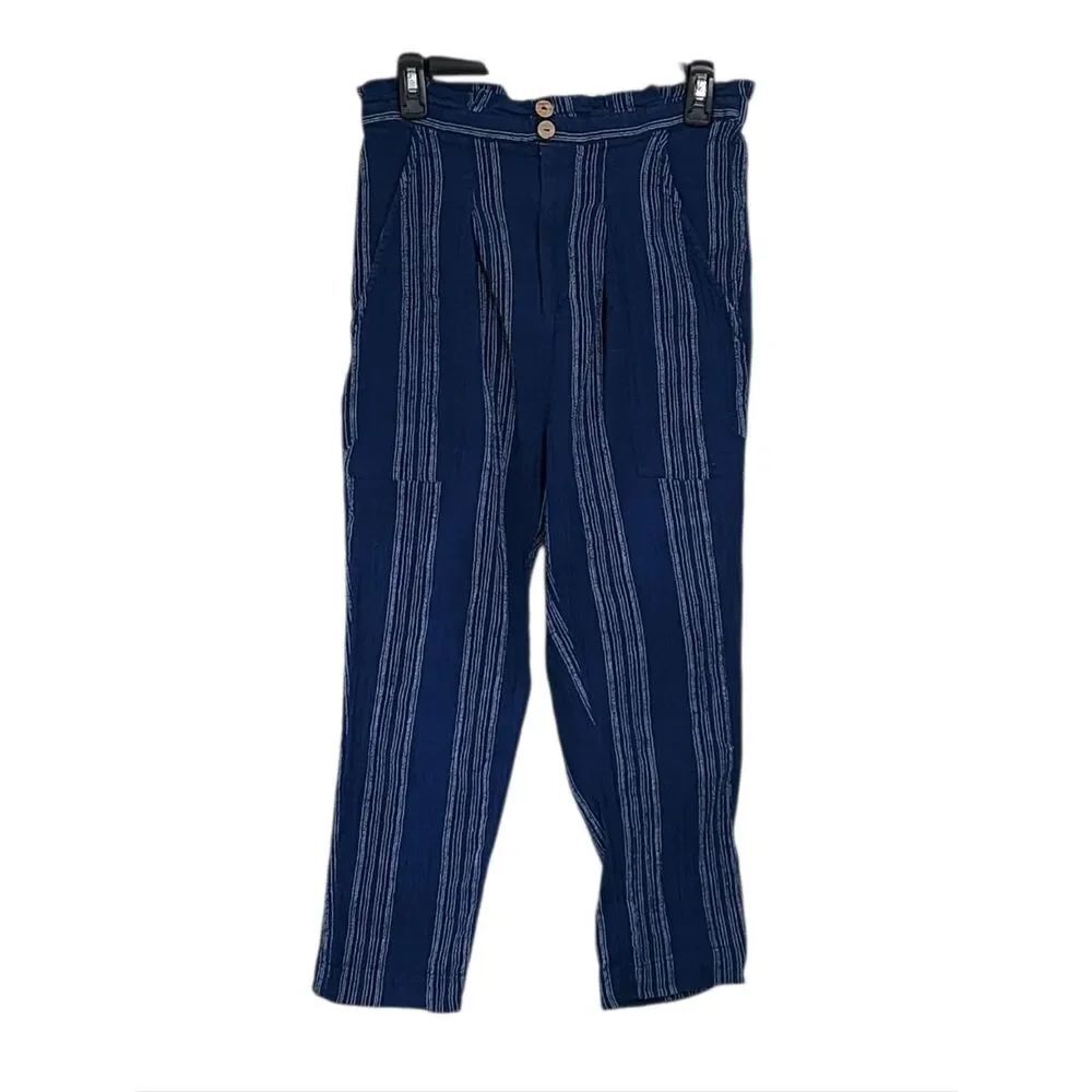 Free People High Waisted 100% Cotton Crop Pants S Blue White Striped Coastal